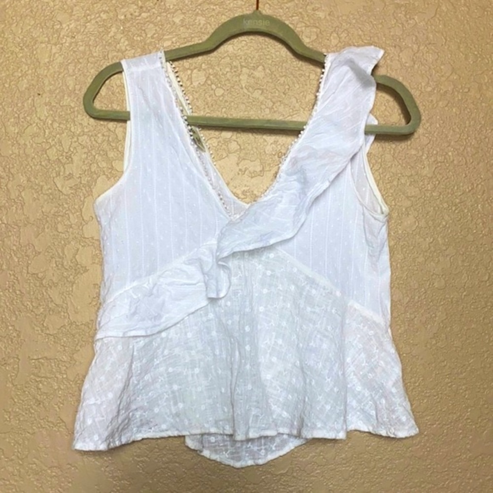 Zara White Linen Embroidered Bobble Ruffle Tank